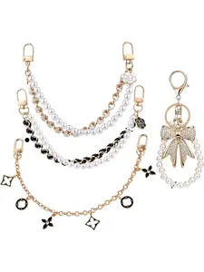 4-Piece Purse Charm Set — 2 Pearl Chains, White Rhinestone Bow Keychain & Gold-Tone Bag Chain, Cute Bag Charms for Handbags, Wallets & Crossbody Bags
