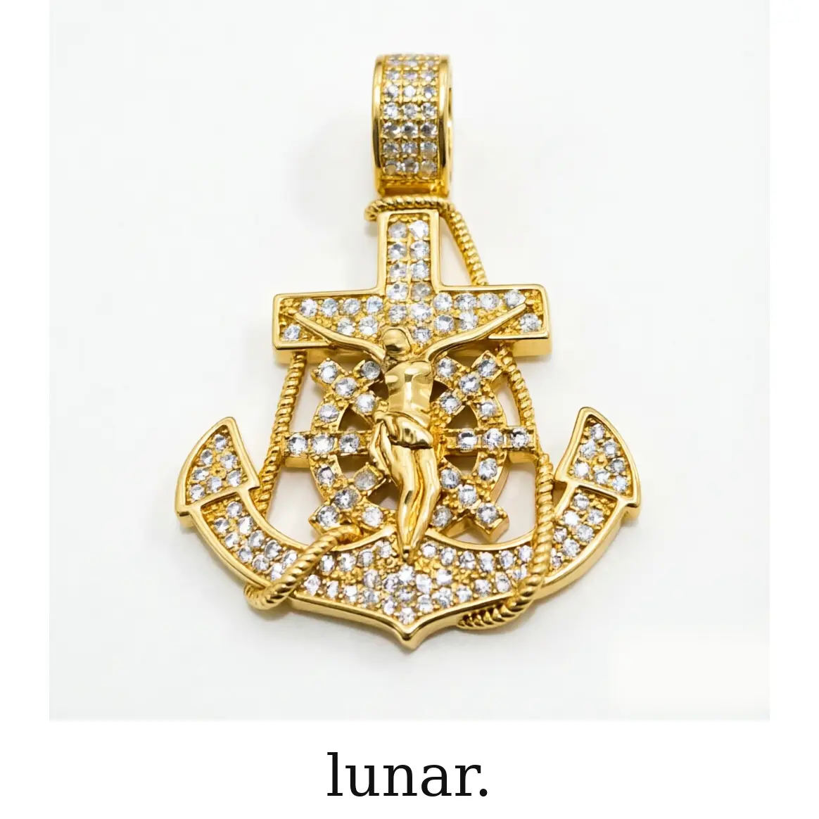 lunar Iced Anchor Cross Pendant for Men, Gold Tone Copper Base Pendant with Full Zircon Stone Inlay, Hip Hop Jewelry