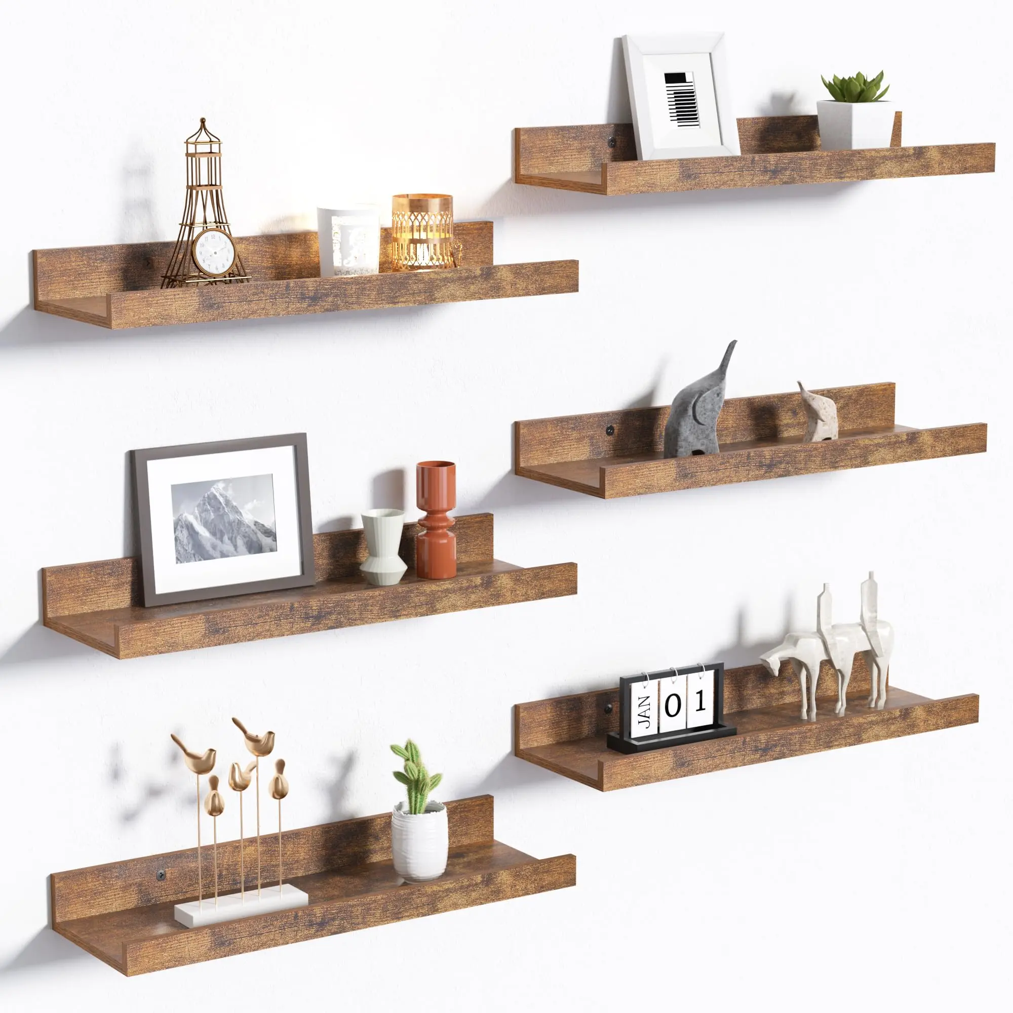 Floating Shelves for Wall, Wall Shelves for Decor Storage Set of 6, Wall Mounted Wood Shelves for Bedroom, Living Room, Bathroom, Kitchen, Picture Ledge Shelves, Brown