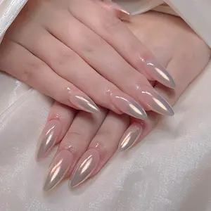 24pcs Long Almond Shape Pearl Powder Nail Stickers, Press-On Nails Set with Jelly Glue and Nail File, Perfect for Parties and Daily Wear