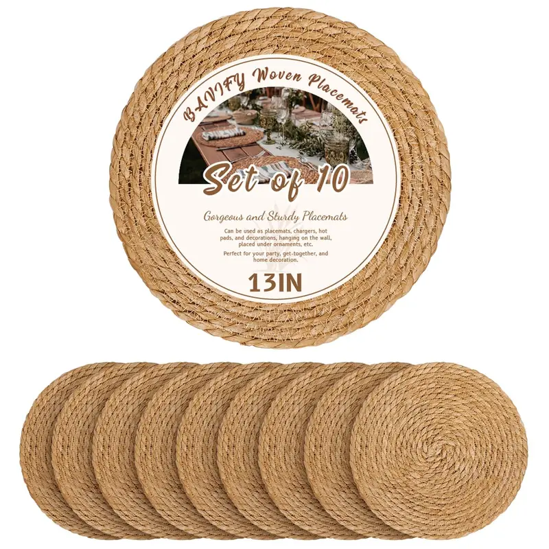 12-Piece Round Woven Rattan Wicker Jute Braided Kitchen Decorative Placemats & Plate Chargers - Gorgeous and Sturdy Household Placemats, Multifunctional Boho Farmhouse Rustic Home Supplies for Dining Tables, Food and Beverage Use