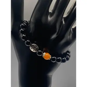Aquarius Zodiac black obsidian with orange agate semi precious stone/crystal elastic beaded bracelet with silver accents