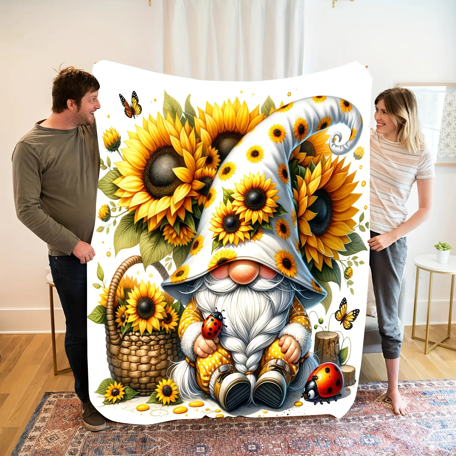 1Pc Whimsical Gnome & Sunflower Cartoon Flannel Blanket - Soft, Warm, Breathable All-Season Throw with Vintage Floral Design, Machine Washable, Ideal Gift for Friends, Perfect for Napping, Home Decor