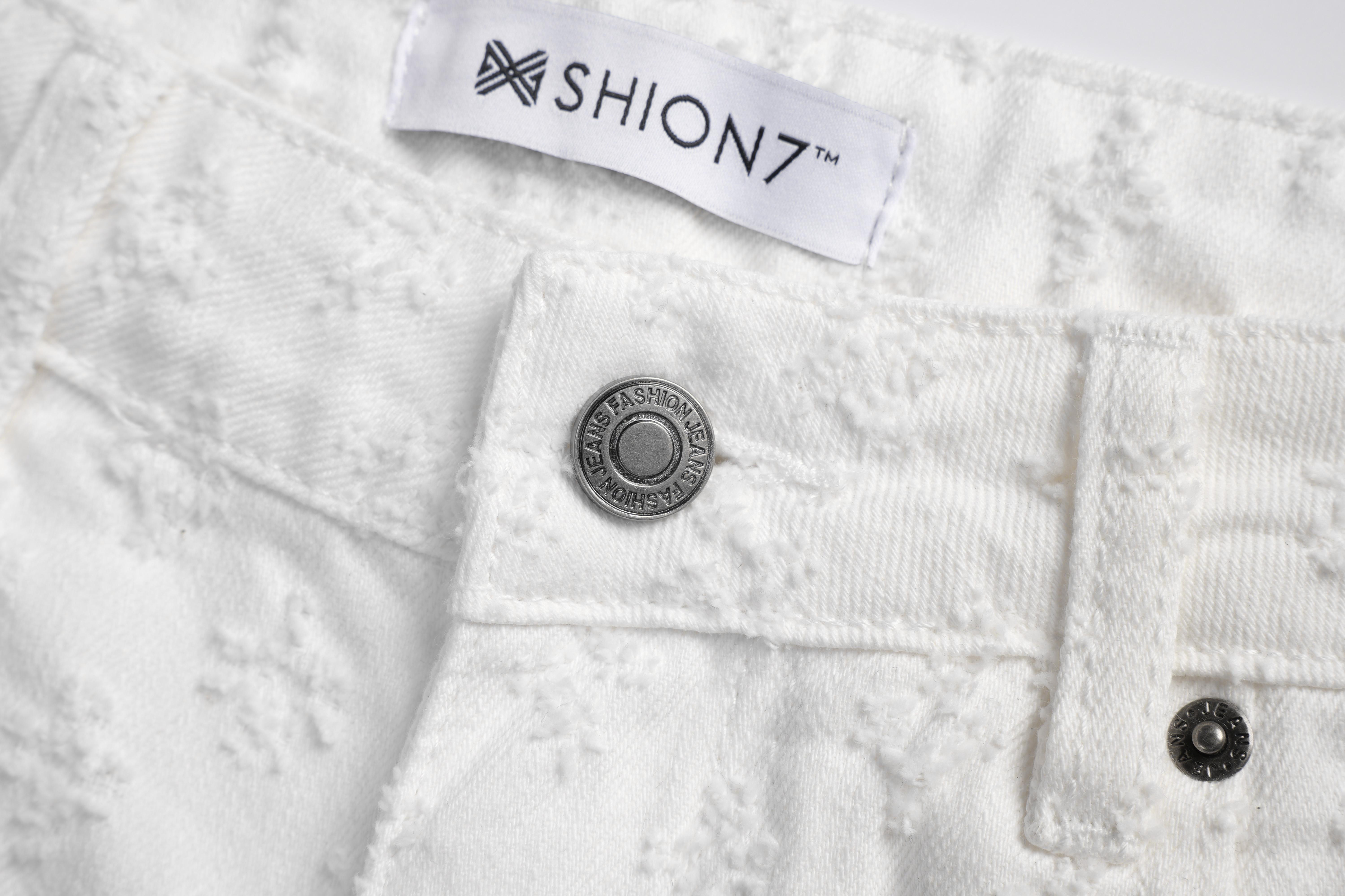 Fashion White Jacquard Denim Shorts Men, Ripped Holes Straight Leg Summer Casual Clean Fit Pants