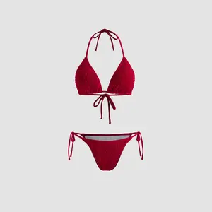 Cider Solid Smocked Triangle Bikini Set