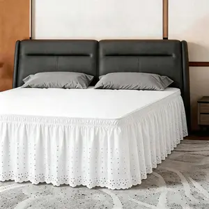 Wrap-Around Elastic Ruffled Eyelet Queen Size Bed Skirt Dust Ruffle with Gathered Styling Embroidered Details 18" Drop Length White
