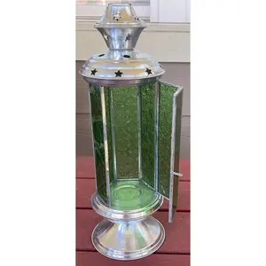 Green Glass and Silver Lantern with Stars - Metal Decor Set, Ideal for Home Decor and Lighting