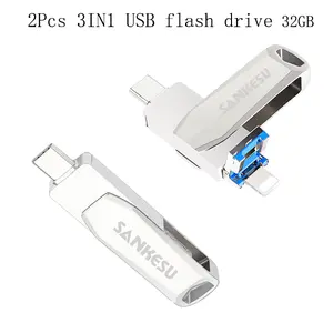 2 Pcs 3-in-1 Flash Drive 32GB/64GB Portable Phone Flash Drive USB OTG Memory Stick,More Photos Videos Files For iPhone iPad Android phone PCs,No App Required
