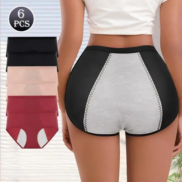 6-Pack Period Underwear for Women, High-Waisted Floral Jacquard Briefs with Extended Front-to-Back Protective Lining