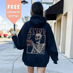 Staying Alive Coffee Skeleton Hoodie, Trendy Hoodie, Funny Skeleton Sweatshirt, Halloween Vintage Sweater for Women, Oversized Unisex Hoodie TTS 1 1511x01