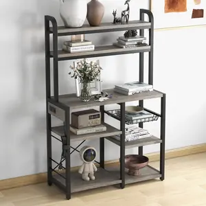 Multi Tier Storage Organizer Bookshelf, 6 Tier Bakers Rack Built with Power Outlets, Microwave Stand, Closed Storage Cabinet, Open Display Shelves and Removable Wire Basket, Multipurpose Coffee Bar Station Perfect for Kitchen, Dining Room and Living Room.