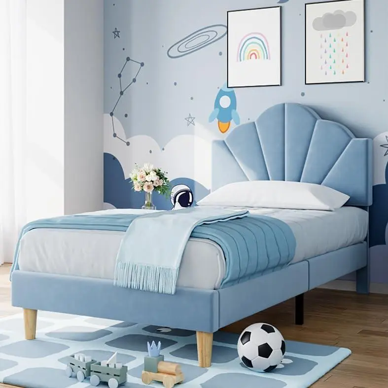 Gaomon Velvet Fabric Blue Lower Twin Bed Frame for Girls & Boys, Shell-Shape Adjustable Headboard, Strong Wood Slat Support, Accommodates Children of Various Heights, Noise-Free Easy Assembly