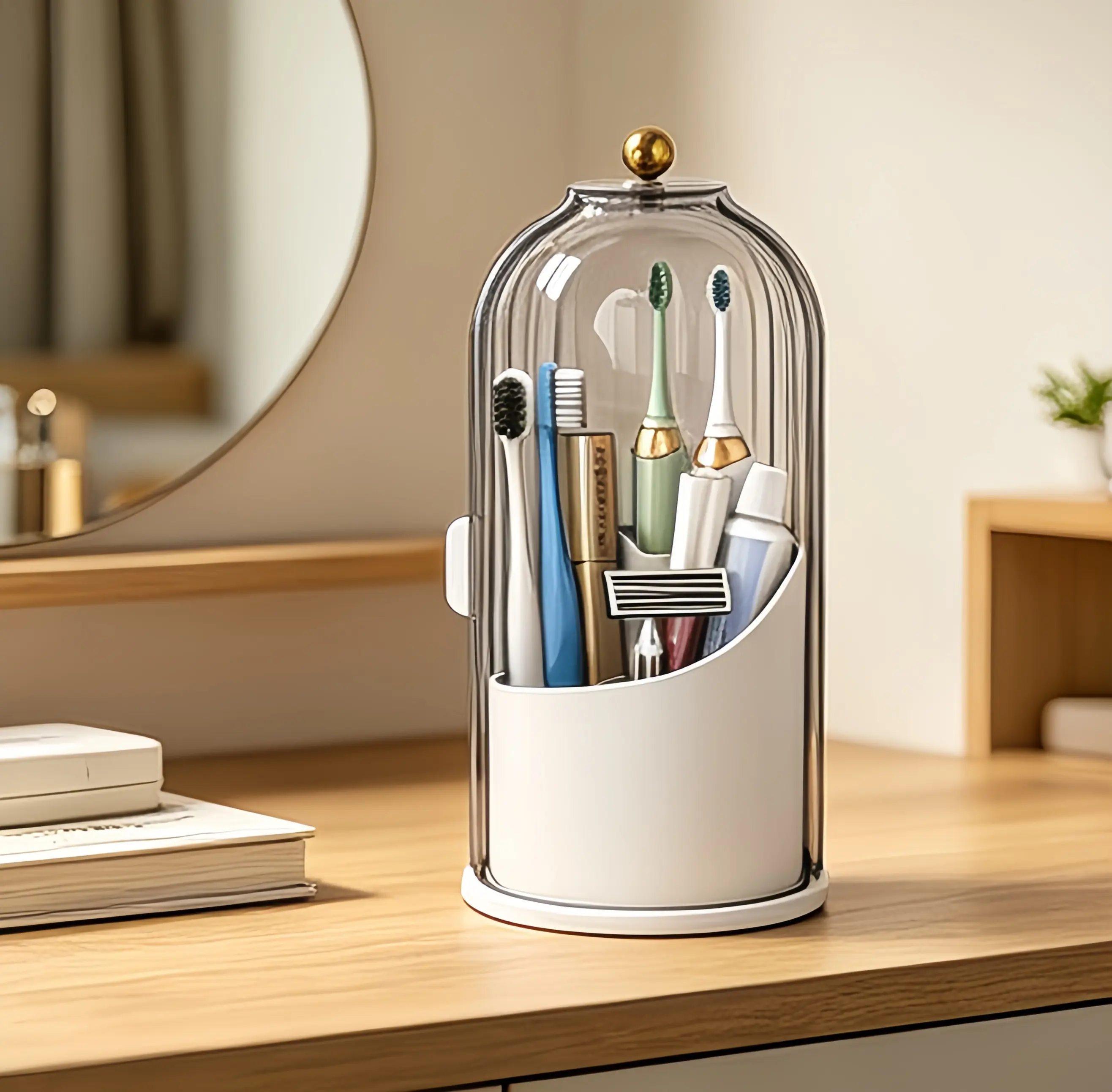 3-Slot Countertop Toothbrush Holder with Cover - ABS Plastic, Waterproof, Sliding Protective Cover, Slip-Safe Base, Compact Bath & Vanity Caddy for Toothpaste, Makeup Brushes