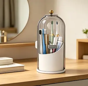 Countertop Toothbrush Holder with Sliding Lid, 3-Slot Rotating Bathroom Organizer Pad, Sink Vanity Caddy for Toothpaste and Makeup Brushes