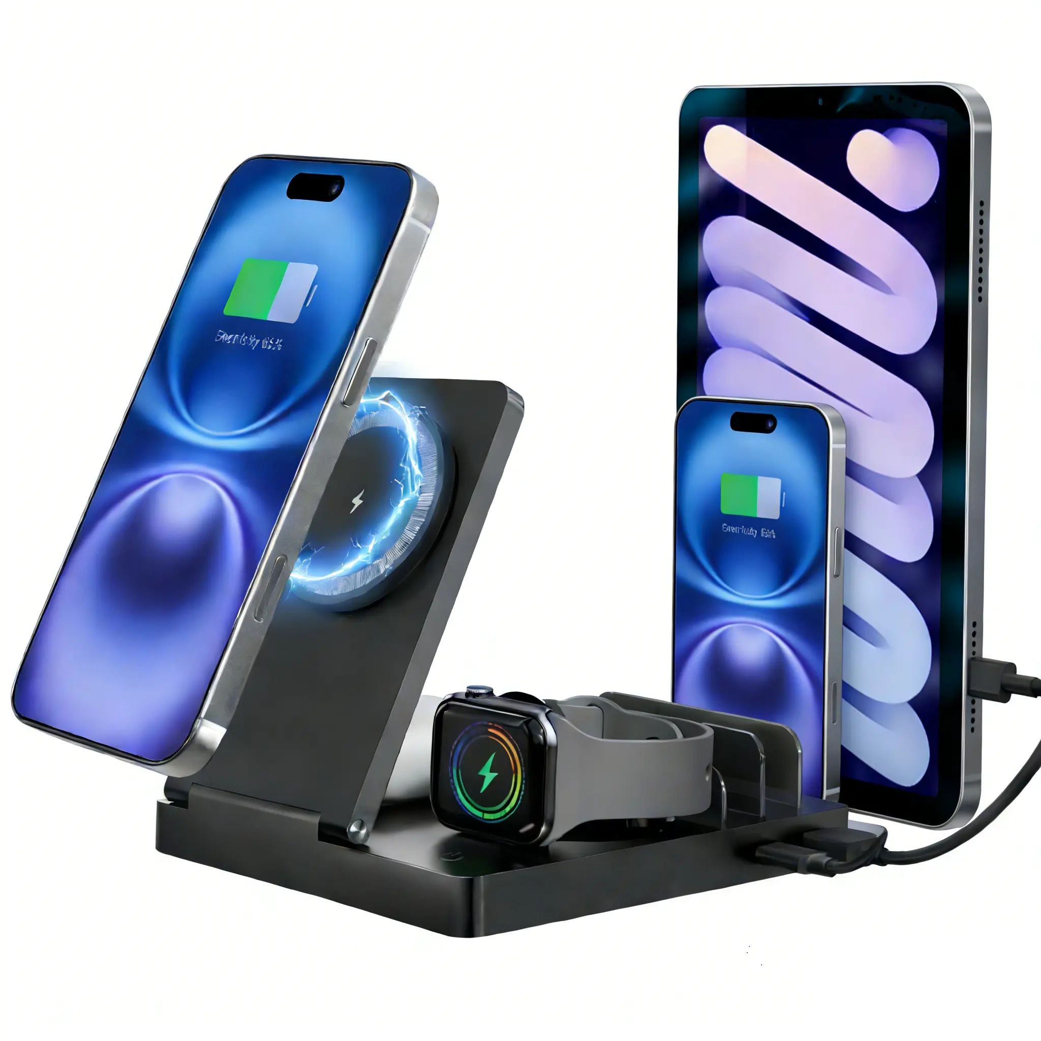 5-in-1 Magnetic Wireless Fast Charging Station, Rubber Electronic USB Cable All-in-1 Dock for iPhone 17-12, iPad, iWatch, AirPods, Samsung & Type-C Devices, Compact Desktop Charging Organizer