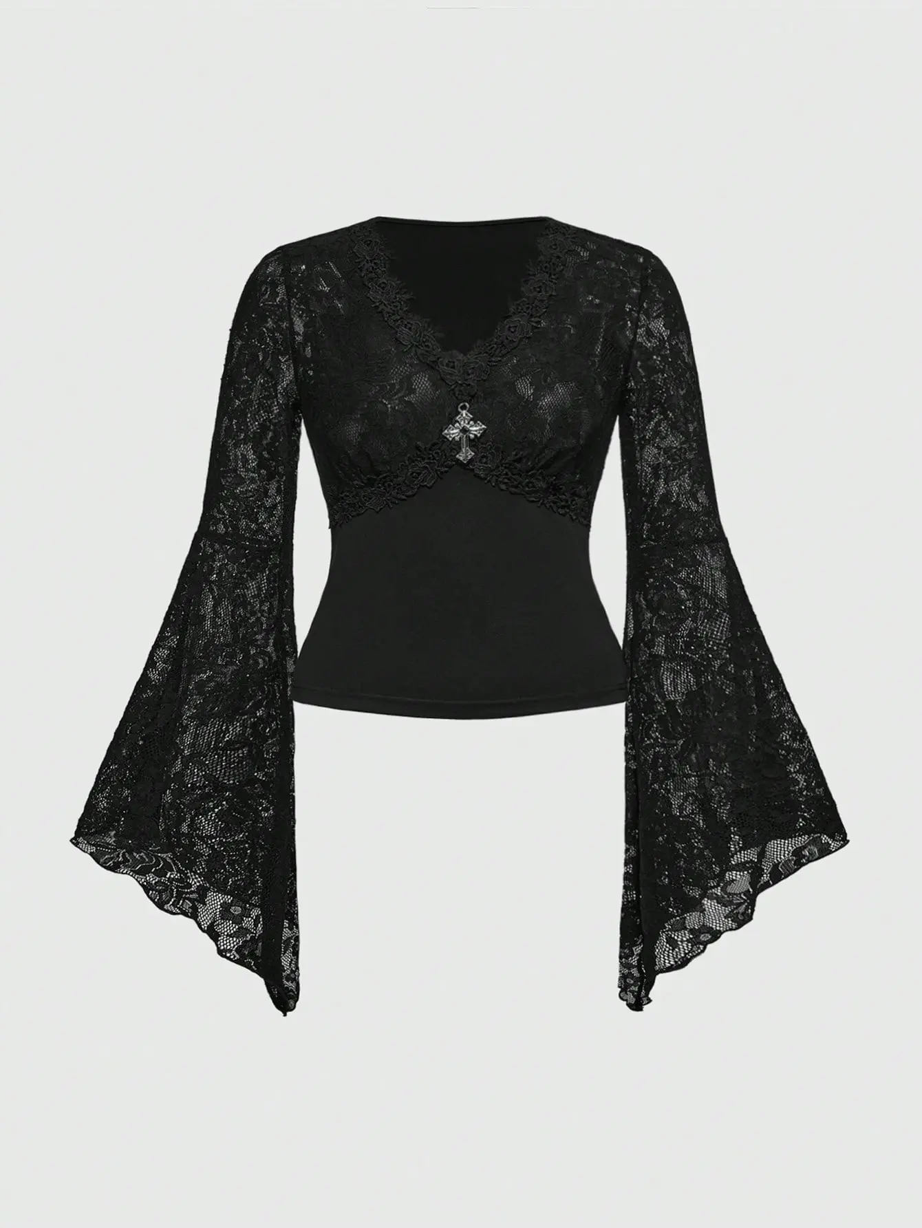VYNCE V-Neck Flare Sleeve Blouse Black Plus Size Gothic Contrast Lace Elegant Top Womens Fashion Witchy Aesthetic Vintage Inspired