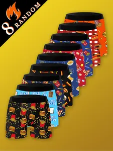 8 random food - themed graffiti - printed men's boxer briefs. Fun snack cartoon prints of hamburgers, fries, cheese, pizzas, candies. Perfect gift for food lovers. Comfortable stretch fabric. Casual , cute , daily underwear, fun and novel underwear