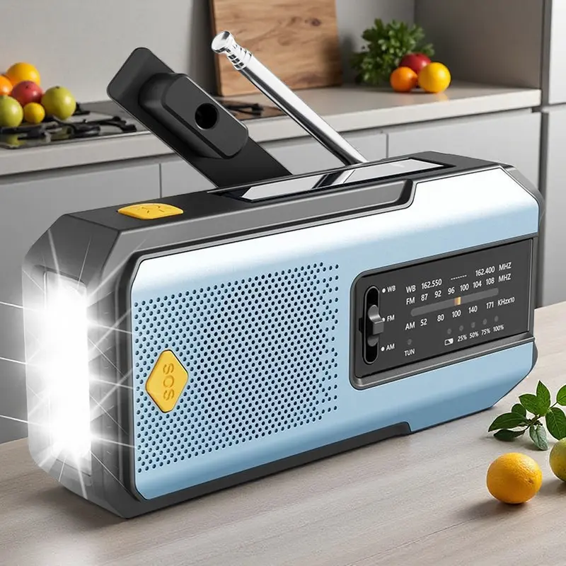 Compact Solar-Powered Multifunctional Radio - Hand-Controlled FM/AM/WB NOAA Weather Audio Device, Portable ABS Plastic Crank Rechargeable Batteries, Emergency LED Flash Light, USB Charging Power Bank, Phone Charger, Camping Survival Gear