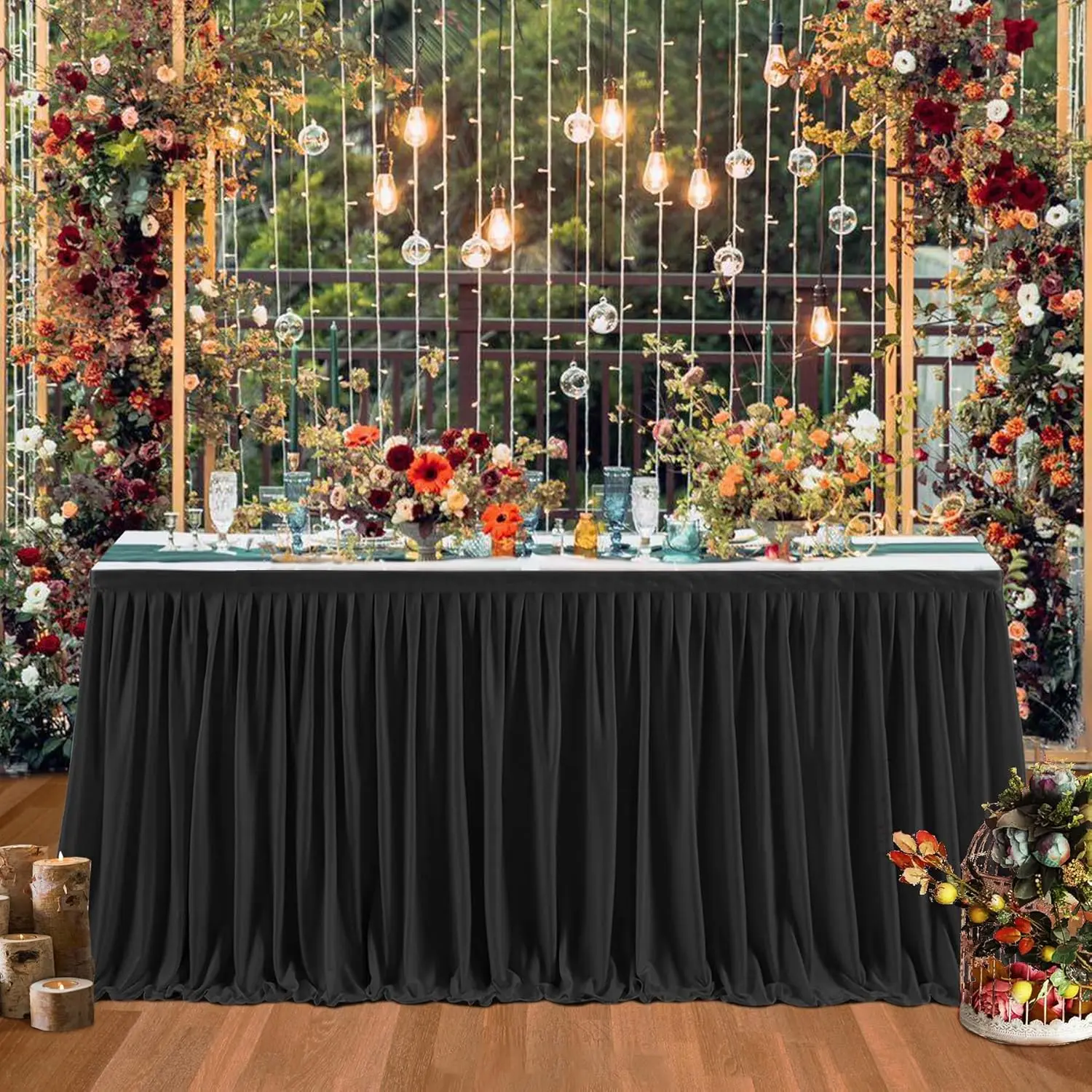 Black Table Skirts for Rectangle Tables - 6ft Polyester Tablecloth Skirt with Ruffle for Birthday Party, Banquet, Wedding, Bridal Shower Decorations Desk Skirt for Teacher Desk