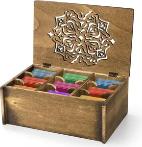 Tea Bag Organizer Storage Box, Wood Tea Holder Box, 9 Compartments Teas Chest Containers with Floral Carved Lid for Assorted Spice Packets, Home Decor, Multi-Functional Storage Boxes WRINGKIT