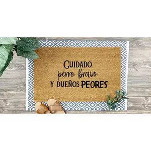 Cuidado: Perro Bravo y Dueños Peores – Funny Handmade Mexican Welcome Mat