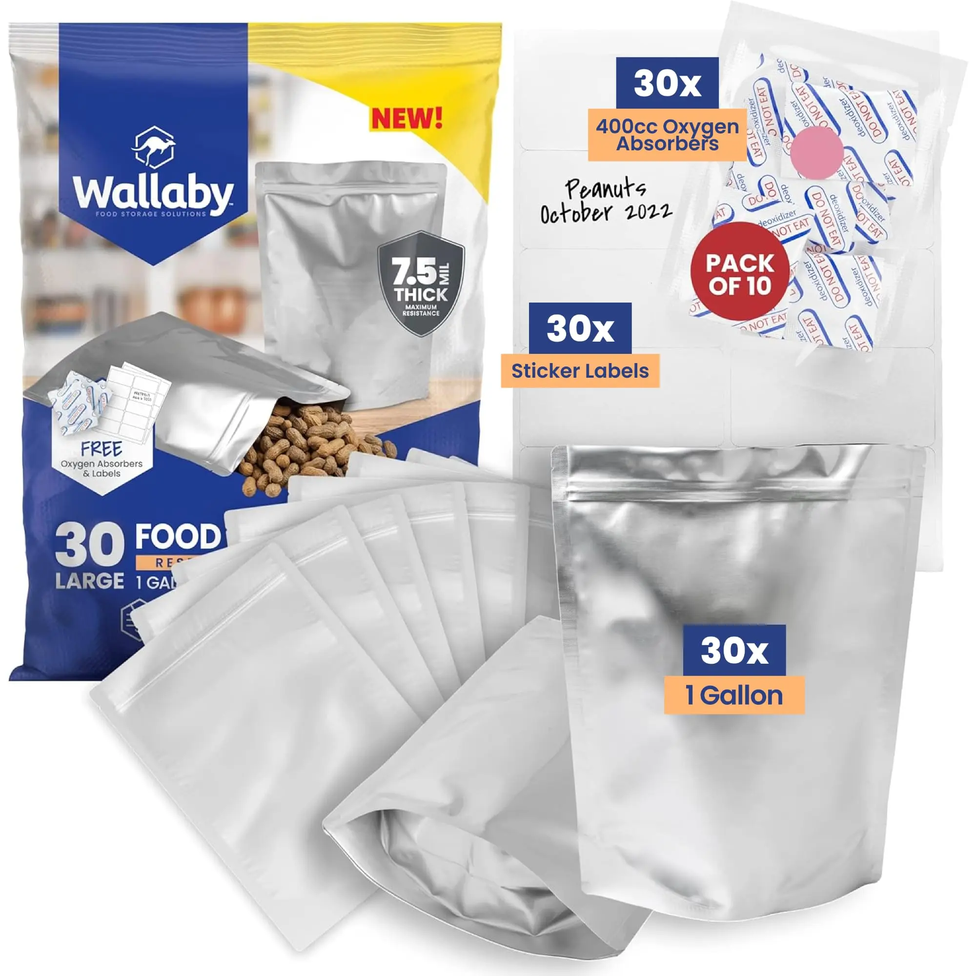 Wallaby 1-Gallon Gusseted Mylar Bag Bundle (30 Pack) , 400cc Oxygen Absorbers, Labels - Heat Sealable & Food Safe Wallaby 1-Gallon Gusseted Mylar Bag Bundle (30 Pack) , 400cc Oxygen Absorbers, Labels - Heat Sealable & Food Safe