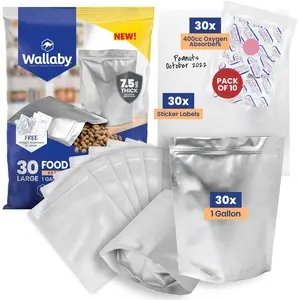 Wallaby 1-Gallon Gusseted Mylar Bag Bundle (30 Pack) , 400cc Oxygen Absorbers, Labels - Heat Sealable & Food Safe