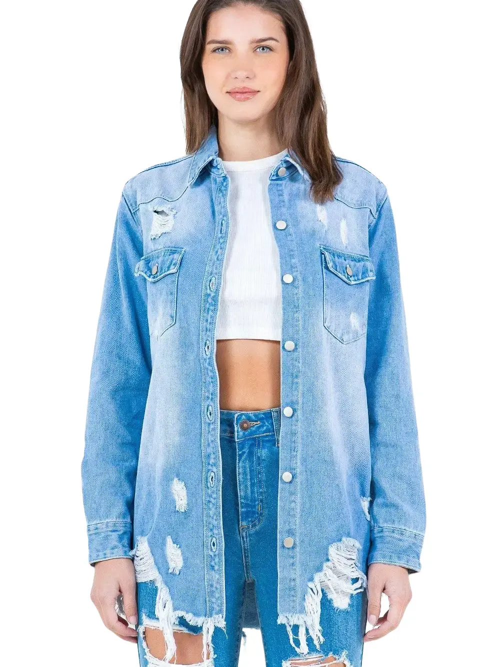 American Bazi Frayed Hem Distressed Denim Shirt Jacket