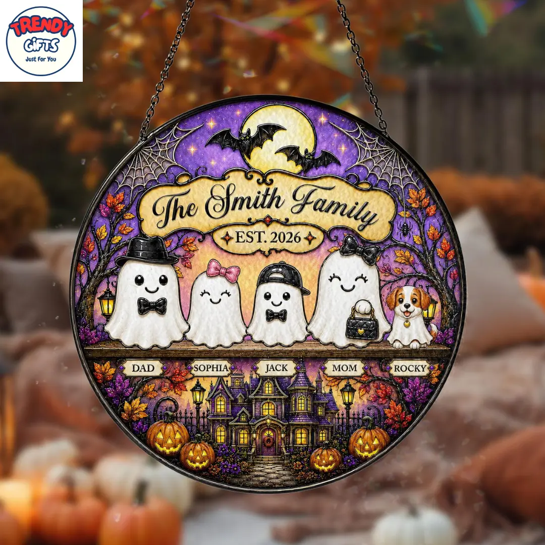 Personalized Stained Glass Halloween Ghost Family Suncatcher, Custom Family Name Window Decor, Haunted House Ornament, Halloween Gift Halloween Decor, Home Decor Ornaments Decoration - TrendyGiftUSA