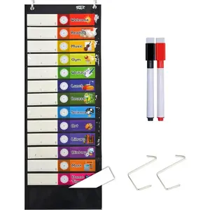 Daily Schedule Pocket Chart Black Class Schedule with 26 Reusable Double-sided Cards 13+1 Pockets Easy Over-door Mountings Included (13” x 36”)