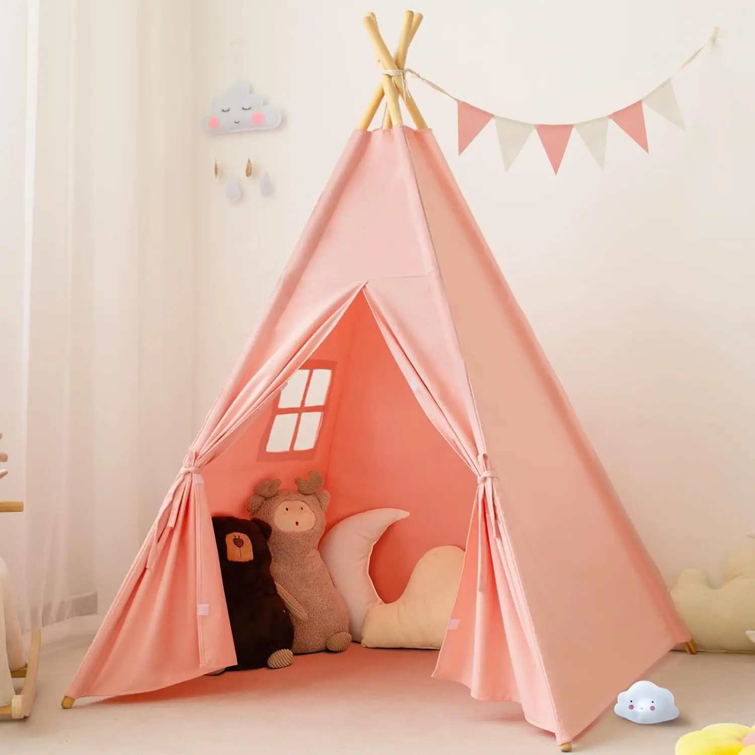Teepee Tent for Kids, Cotton Canvas Playhouse, Foldable Tents, Portable Children Play Tent Indoor Outdoor, 47" × 55" × 62"inch