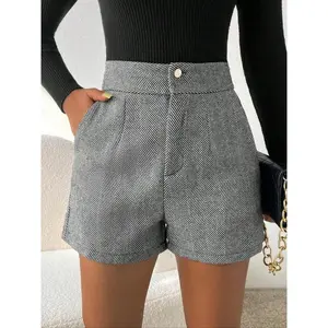 Women’s high-waisted herringbone shorts, crafted from fashionable, casual woven fabric, suitable for all seasons and multifunctional for everyday wear. GARMENTARY