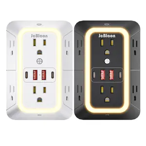 2 Pack Wall Outlet Extender with Night Light, 6 AC Outlets 4 USB Charging Ports , 1050J Surge Protector Power Strip, Multi Plug Outlet Adapter for Home, Travel, Office（Black and White）