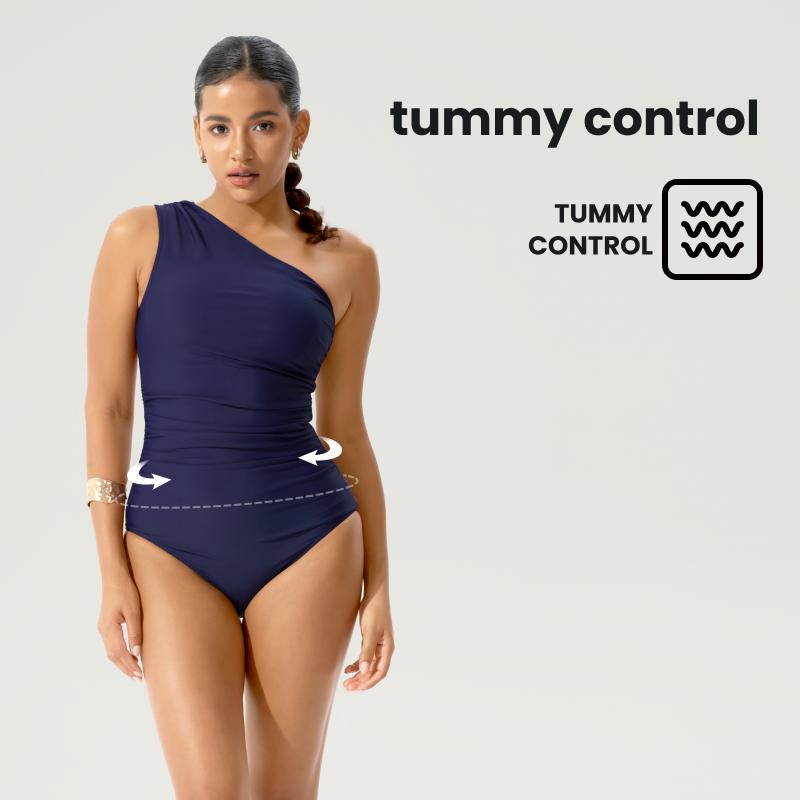 BodyTips Diagonal Shoulder OnePiece Swimsuit Halter Neck Ruched Design Tummy Control Cooling Feel Flexible Fit Swimwear Streamlined Look Popular Beach Outfit Versatile One Piece For Pool Vacation Summer Activities Sunbathing Water Sports Casual Swim Style