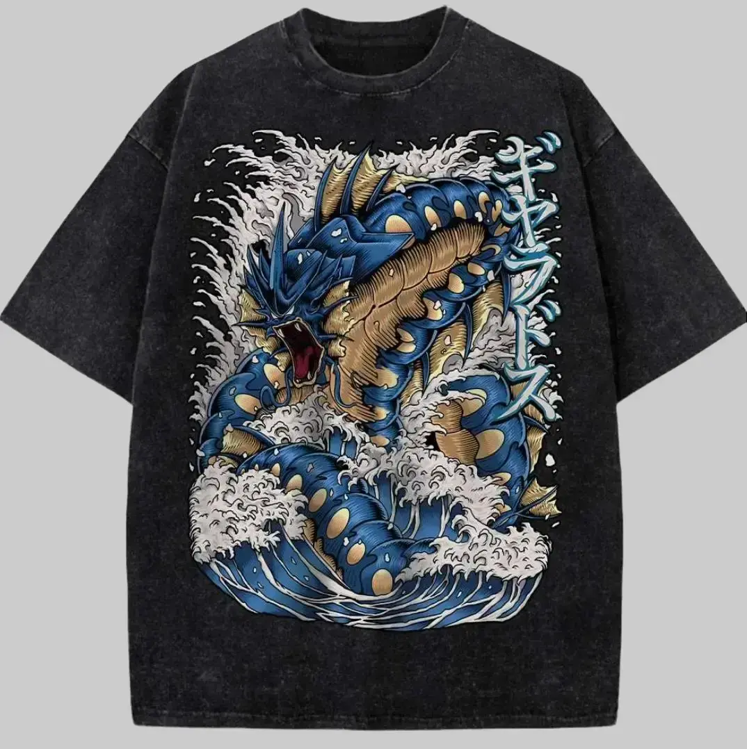 Gyarados Vintage Washed Oversized Graphic Tee | Pocket Monster Heavyweight Cotton Anime Shirt | Unisex Gym Workout Streetwear Top | Japanese PKM Nostalgia Casual Menswear Gifts For Fans | Y2K Retro Aesthetic Pop Culture Apparel Clothing Men Women!!!!