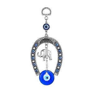 Horseshoe Pendant with Evil Eye — Turkish & Greek-Style Blue Eye Ornament — Metal Hanging Decoration (Medium Size) — Car Accessory