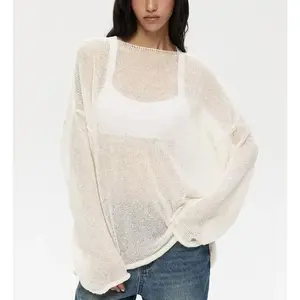 Women’s Sheer Knit Sweater, 2025 Trendy Hollow-Out Design, Breathable Mesh, Loose Fit, Casual Streetwear, Summer T-Shirt Style, Short-Sleeve Cropped Printed Top