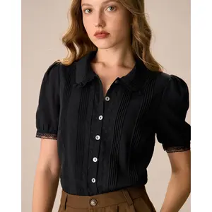 Women's Black Chelsea Collar Lace Trim Cotton Blouse