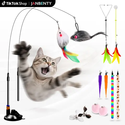 4-in-1 Interactive Indoor Cat Teaser Toys - 12Pcs Durable Fishing Pole Cat Feather Toy Replacements - Enhanced Suction Cup Cat Wand Toy - 2 Types Door Hanging Cat String Toy for Indoor Kitten Cats  - Cool Cat Stuff