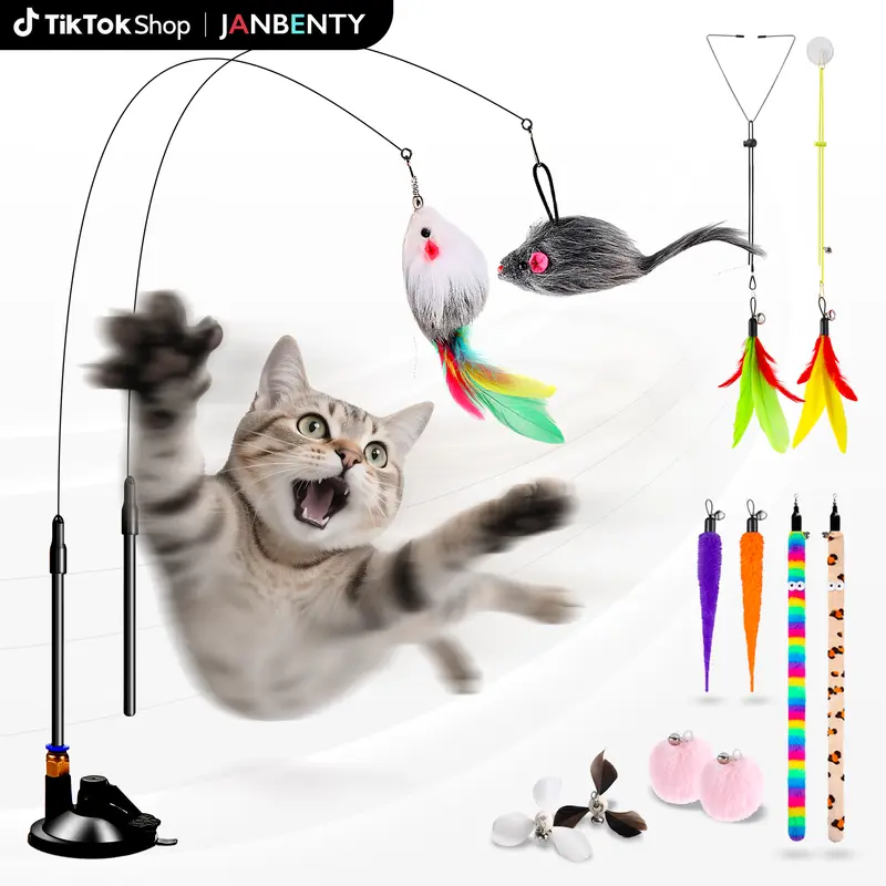 4-in-1 Interactive Indoor Cat Teaser Toys - 12Pcs Durable Fishing Pole Cat Feather Toy Replacements - Enhanced Suction Cup Cat Wand Toy - 2 Types Door Hanging Cat String Toy for Indoor Kitten Cats - Cool Cat Stuff