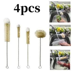 4 Pieces Household Cleaning Brush Set,Tainless Steel Soda Bottle Cleaning Brush,Natural Boar Bristle Wool Tip Long Handle Brush,Flexible Bendable Thick Wire Cleaner for Narrow Neck Water Bottles,Straw Pipe Tube, Flask summervibes