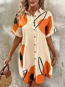 [Plus Size] Button Shirt Dress, Elegant Short Sleeve Collar Dress for Daily Outdoor Wear, Women's Plus Size Clothing for Summer, Casual Dresses