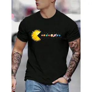 Men's Round Neck Planet Print Short Sleeve Casual Loose T-Shirt