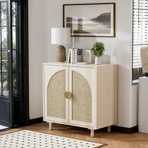Oakault Rattan Sideboard Buffet Cabinet with Storage, Wooden Storage Cabinet with Doors and Adjustable Shelves, Boho Cabinet with Curved Door for Living Room, Kitchen, Entryway (Beige)