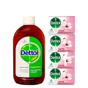 Dettol Antiseptic Liquid 550mL & 4 Skincare Soap 100mL Each - Effective Antiseptic Solution for Home & Personal Use