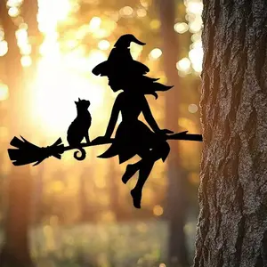 Enchanting Witch Fairy Riding Broom Garden Decor, Durable Iron Yard Art, Cute Outdoor Lawn Decoration, Tree Stump Insert Garden Ornament