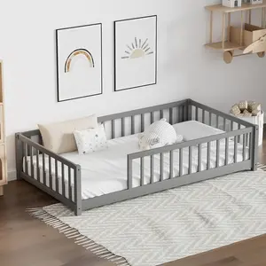 NEKODO Twin Floor Bed for Kids Solid Wood Montessori Bed Frame with Safety Guardrails Multifunctional Montessori Floor Bed for Toddlers, Without Door, Easy Assemble, Gray