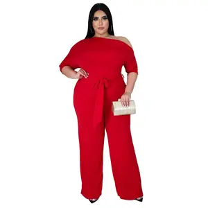 Large size women's fashion solid color slanted shoulder strap jumpsuit wide leg pants