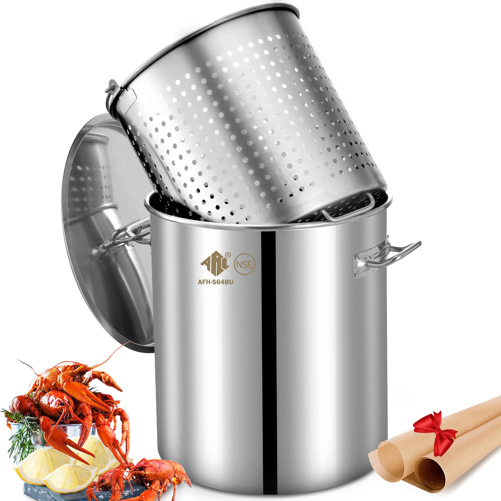 ARC 64QT Stainless Steel Seafood Boil Pot with Basket & 2 Brown Paper, Outdoor Stockpot - Large Crab/Crawfish/Lobster/Shrimp Cooker & Turkey Fryer (16 Gal)