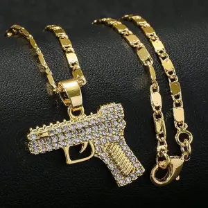 Men's Gold Hip Hop Gun Pendant Necklace with Cubic Zirconia, Suitable for Daily Wear and Gift